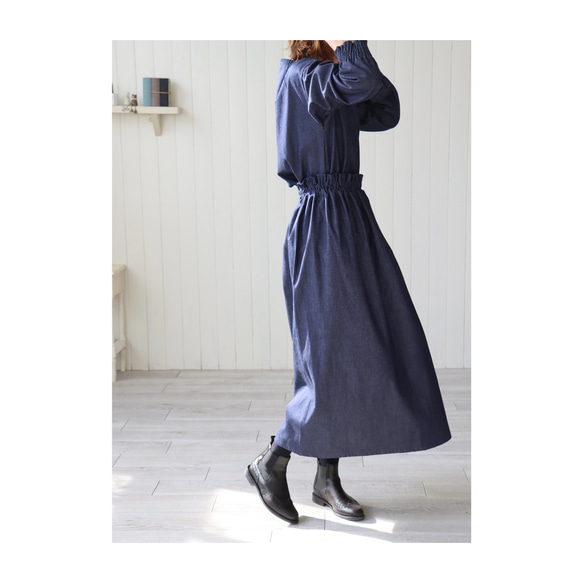 岡山県児島デニムで魅せる、ギャザースカート／8オンスソフトデニムスカート／インディゴ 8枚目の画像