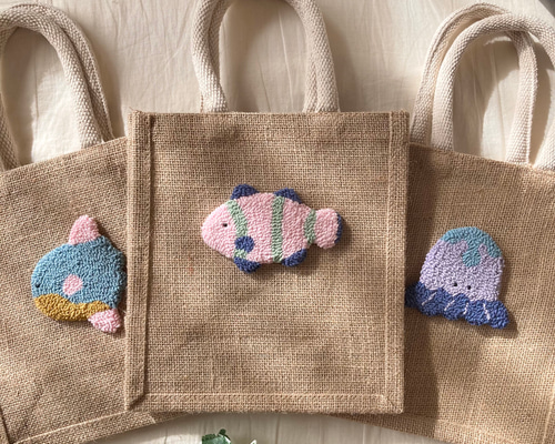 海の生き物 ジュートバッグ ランチバッグ ミニ 刺繍 もこもこ マンボウ