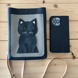猫好きが作ったスマホポシェット＋(プラス)黒猫　黒本牛革ポシェット　送料無料　手縫い 3枚目の画像