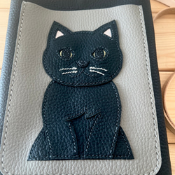 猫好きが作ったスマホポシェット＋(プラス)黒猫　黒本牛革ポシェット　送料無料　手縫い 7枚目の画像