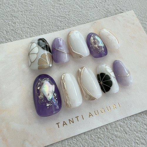 振り袖 紫 ネイルチップ 和風 成人式 和柄 和装 袴 前撮り 付け爪 和服