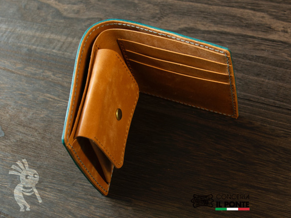 イタリアンレザーMAYA　手縫い二つ折り財布　ブルーキャメル 6枚目の画像