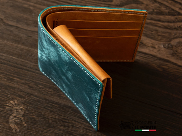 イタリアンレザーMAYA　手縫い二つ折り財布　ブルーキャメル 1枚目の画像