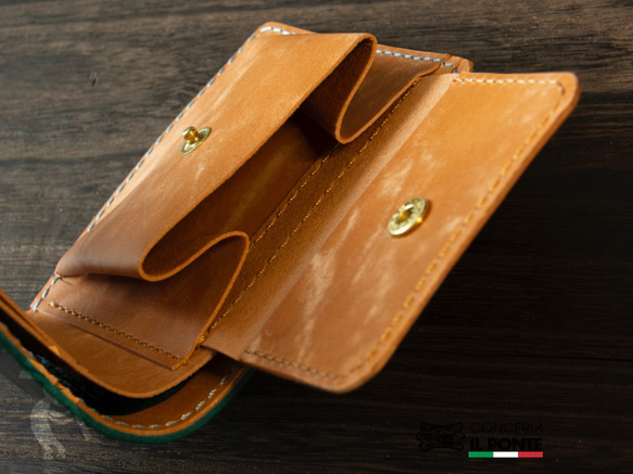 イタリアンレザーMAYA　手縫い二つ折り財布　ブルーキャメル 5枚目の画像