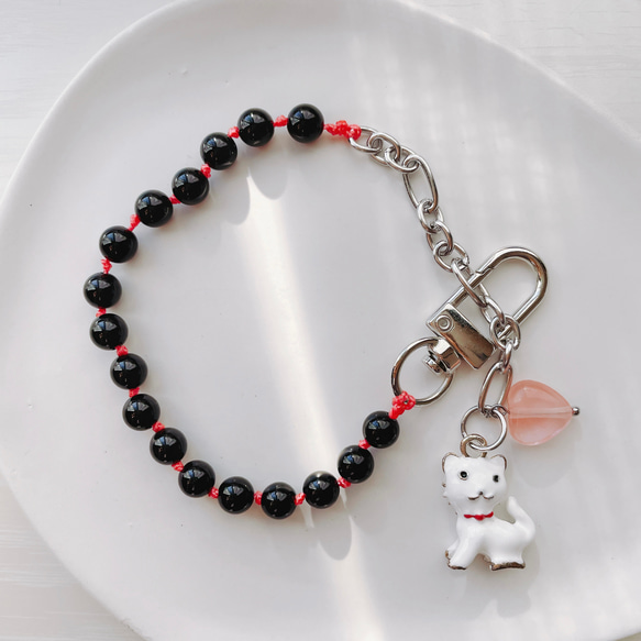 "Oliver" cat and onyx keyholder 2way キーホルダー＆ブレスレット（猫） 2枚目の画像