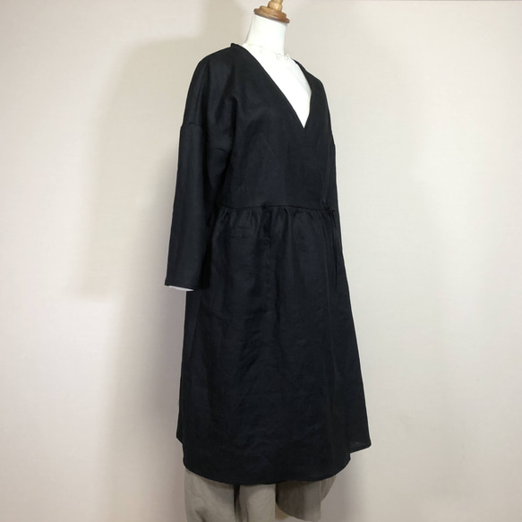 リネン◇カシュクールワンピース 長袖◇黒◇M・Ⅼ・LL（中厚