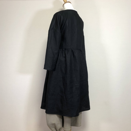 リネン◇カシュクールワンピース 長袖◇黒◇M・Ⅼ・LL（中厚リネン100 