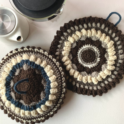 セット】ウール100% かぎ針編みのティーコゼーとポットマット 毛糸