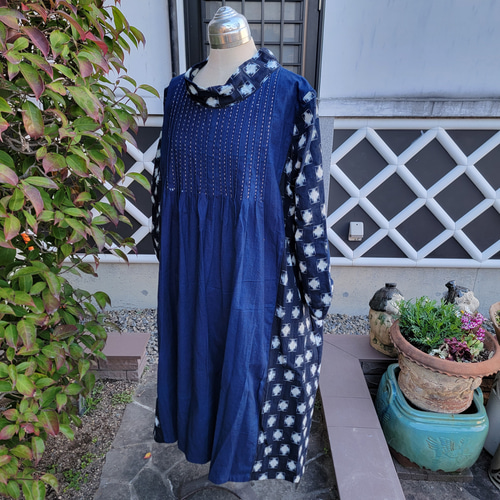 古布リメイク　伊予、久留米絣　ロングワンピース　雪ん子　書生絣　ハンドメイド 古布リメイク 伊予、久留米絣 ロングワンピース 雪ん子 書生絣