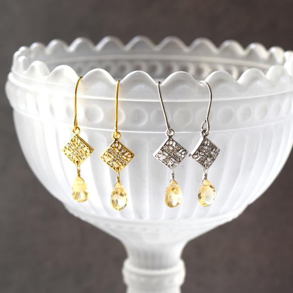 [Choice] 檸檬黃黃水晶花飾吊飾手術不鏽鋼耳環（金/銀） 第2張的照片