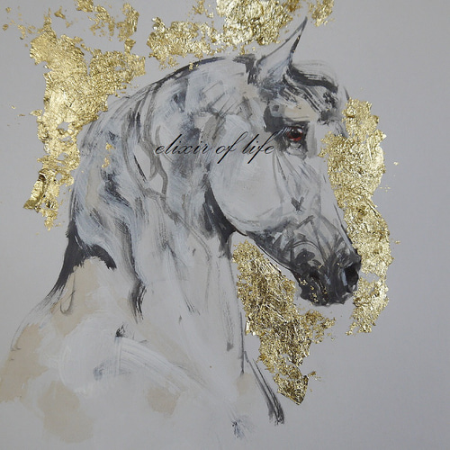午後の雪と白い馬（水彩画用紙A4サイズ、墨、水彩、金箔） 絵画