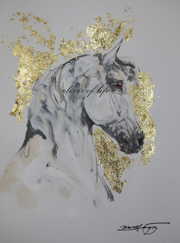 午後の雪と白い馬（水彩画用紙A4サイズ、墨、水彩、金箔） 絵画