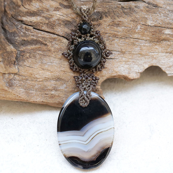 バンデッドアゲートとチベットアゲート。ホークスアイマクラメネックレスmac357天然石エスニックアジアンエキゾチック 10枚目の画像