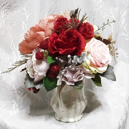 造花・アートフラワー 花瓶アレンジ(ピンク) 可愛いお洒落なアレンジ
