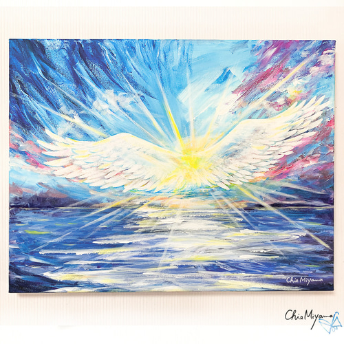 原画 『光り輝く、広大な空へ』 翼 羽根 鳥 羽 エンジェル 青空 天使