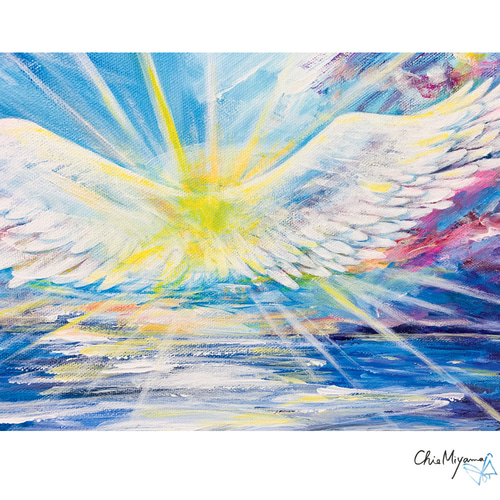 絵画/原画/現代アート/モダンアート/日本画/水彩画/テクスチャーアート/真作f 原画 『光り輝く、広大な空へ』 翼 羽根 鳥 羽 エンジェル 青空 天使