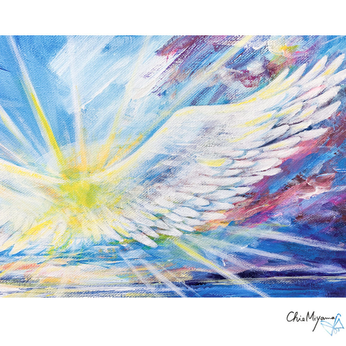 原画 『光り輝く、広大な空へ』 翼 羽根 鳥 羽 エンジェル 青空 天使