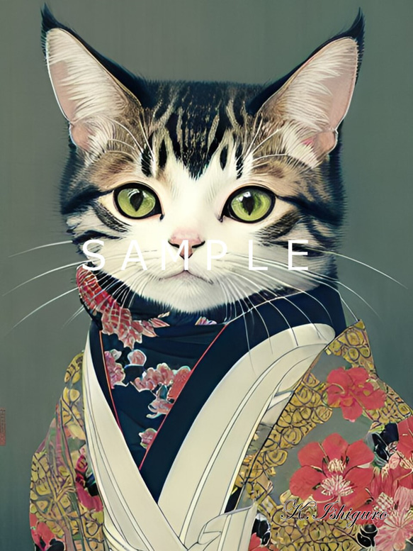 着物を着た猫(オリジナルイラスト)A4額付き　№s-3859 1枚目の画像