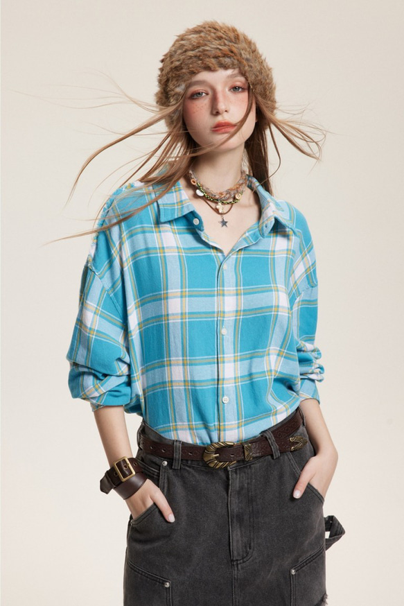 24春の新品メンズ・レディース共用・フランネルチェックシャツゆったり長袖カップルシャツ  20-1357 7枚目の画像