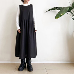 cotton linen ジャンパースカート Black Brown 2枚目の画像