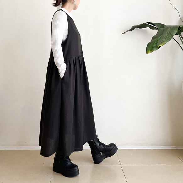 cotton linen ジャンパースカート Black Brown 4枚目の画像