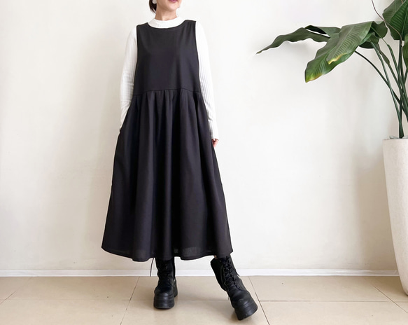 cotton linen ジャンパースカート Black Brown 1枚目の画像