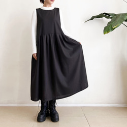 cotton linen ジャンパースカート Black Brown 3枚目の画像