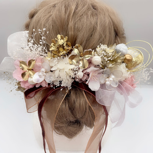 和装髪飾り　ヘッドドレス　水引×金箔　ゴールド　ベージュ 成人式 髪飾り 和装 花 紐 水引 金箔 袴 卒業式 セット ヘッド