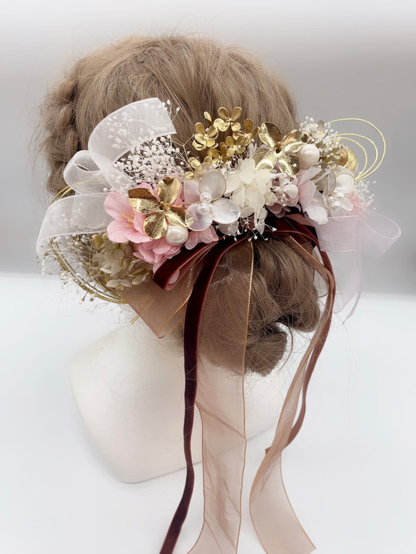 和装髪飾り　ヘッドドレス　水引×金箔　ゴールド　ベージュ 金箔選択可 水引 和装 ヘアアクセサリー ヘッドドレス 結婚式