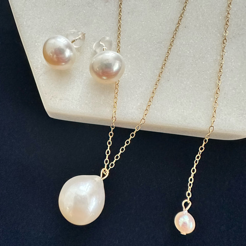 ティアドロップパール ロングネックレス ピアス イヤリング セット 