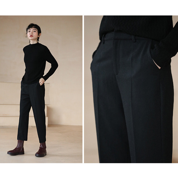 9分丈ウール混紡パンツ　薄目ツイート生地パンツ　ウール通勤パンツ　ブラック　S-XL#442 7枚目の画像