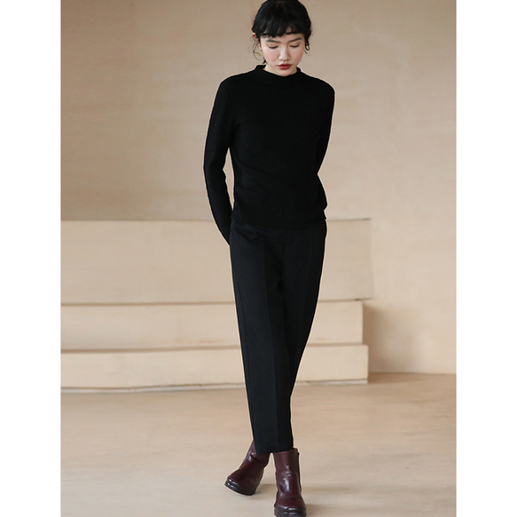 9分丈ウール混紡パンツ　薄目ツイート生地パンツ　ウール通勤パンツ　ブラック　S-XL#442 3枚目の画像