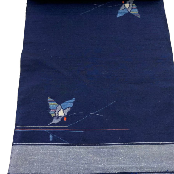 這是靛藍大島和蝴蝶圖案春亞紡海軍藍製成的半寬成人平子腰帶。長425cm。 第11張的照片