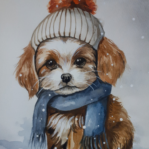 絵画 便利 額付（黒）油絵 uF6-050720 可愛い子犬