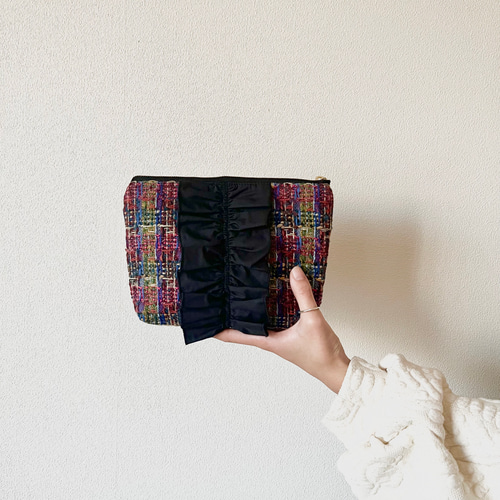 受注生産】 ツイードフリルポーチ（3色から1色お選び下さい。） ポーチ  