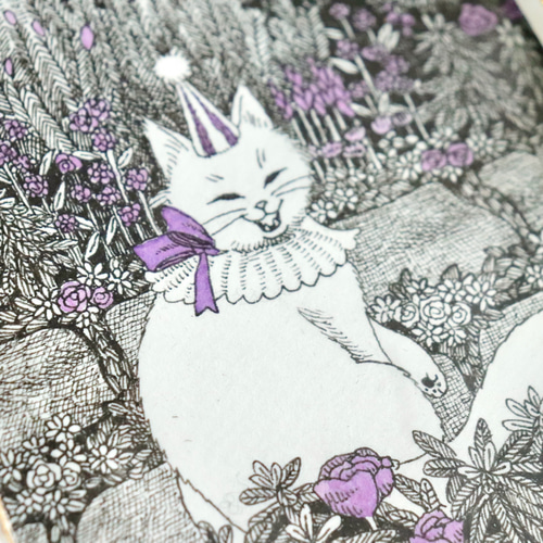原画【一点物】「ガーデンと猫」ペン画のインテリアアート 庭と