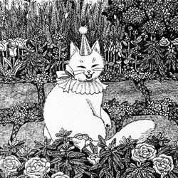 原画【一点物】「ガーデンと猫」　アンティーク風なペン画のインテリアアート　お庭と動物の絵画　モノクロ　玄関　リビング 2枚目の画像