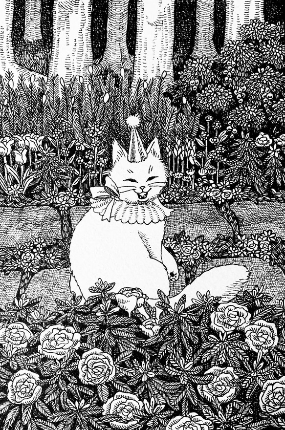 原画【一点物】「ガーデンと猫」　アンティーク風なペン画のインテリアアート　お庭と動物の絵画　モノクロ　玄関　リビング 2枚目の画像