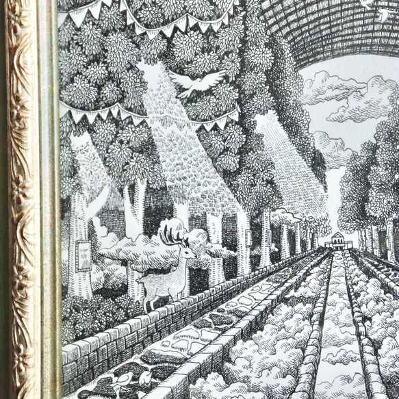 原画【一点物】「フォレストスカイウォーク」　アンティーク風なペン画のインテリアアート　玄関　リビング　森 8枚目の画像