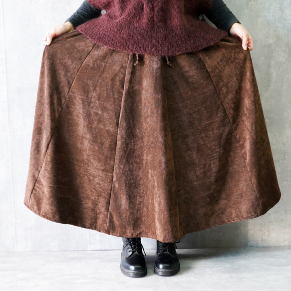 コーデュロイ　パッチロングスカート　チョコレート　ブラウン 1枚目の画像
