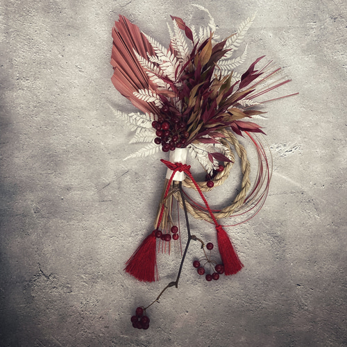 南天とサンキライの正月飾り:ドライフラワーリース しめ縄・しめ飾り