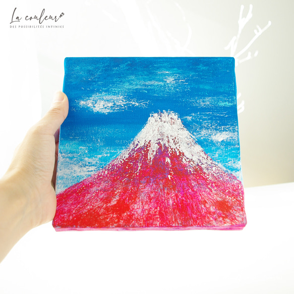 【原画】 赤富士 18cm角（1枚）キャンバス　『お正月ハンドメイド2024』　送料無料 3枚目の画像