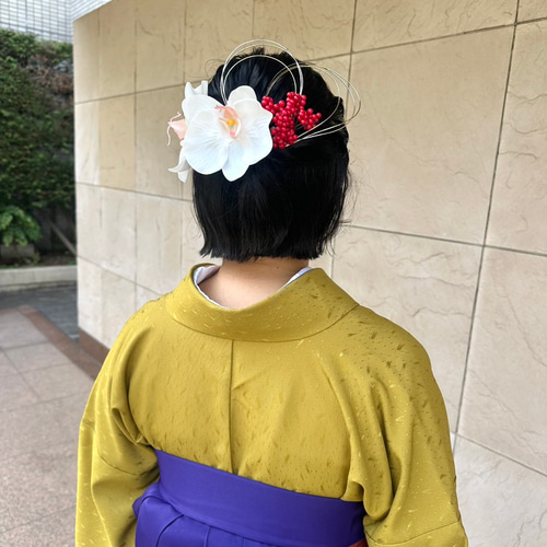 白い胡蝶蘭と赤い実の髪飾り 結婚式・成人式・卒業式に 和装