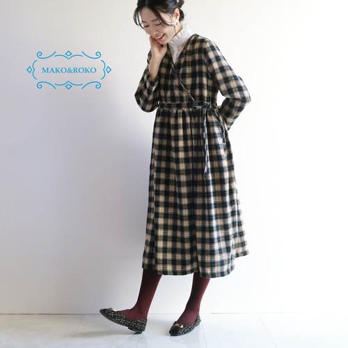 秋レトロ【ブラックチェック】ウール10％フランネルカシュクール風