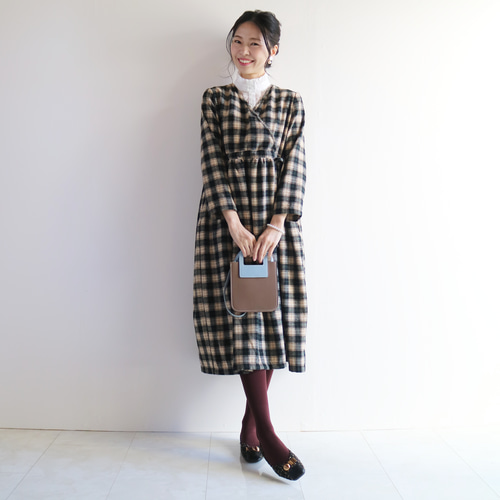 秋レトロ【ブラックチェック】ウール10％フランネルカシュクール風 