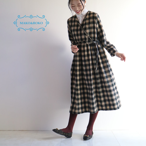 秋レトロ【ブラックチェック】ウール10％フランネルカシュクール風