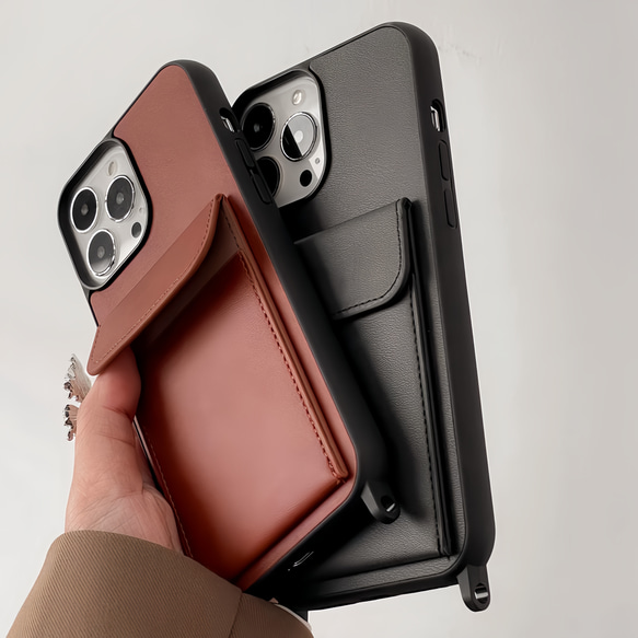 iPhoneケース　ストラップ　多機種対応　ポケット付き　肩掛け　カード収納　スマホケース　シンプル　高級感 7枚目の画像