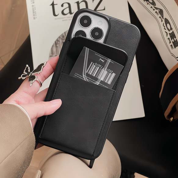 iPhoneケース　ストラップ　多機種対応　ポケット付き　肩掛け　カード収納　スマホケース　シンプル　高級感 6枚目の画像