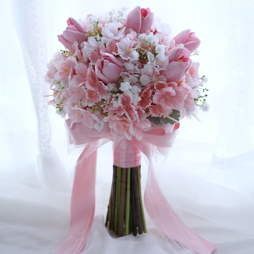 ローズのラウンドブーケ♡ウェディングブーケNo.1064 桜のラウンドブーケ ウェディングブーケ ブーケ nanohana-marche 通販