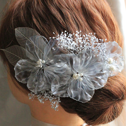【1点もの】-粋-アメリカンフラワー×カスミソウ　ヘッドドレス　髪飾り　結婚式 2枚目の画像